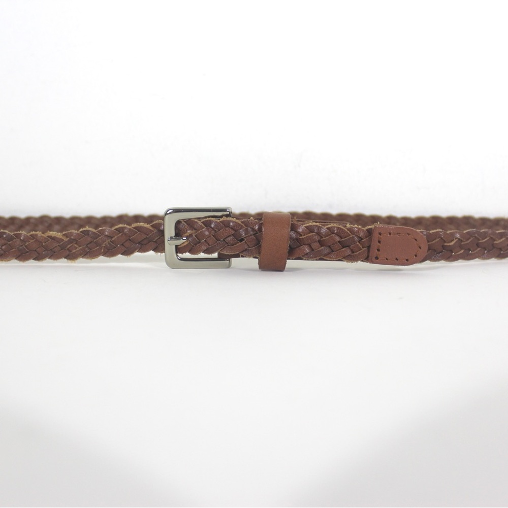 Super Skinny Braided Brown Leather Belt Woven Silver Buckle Unisex